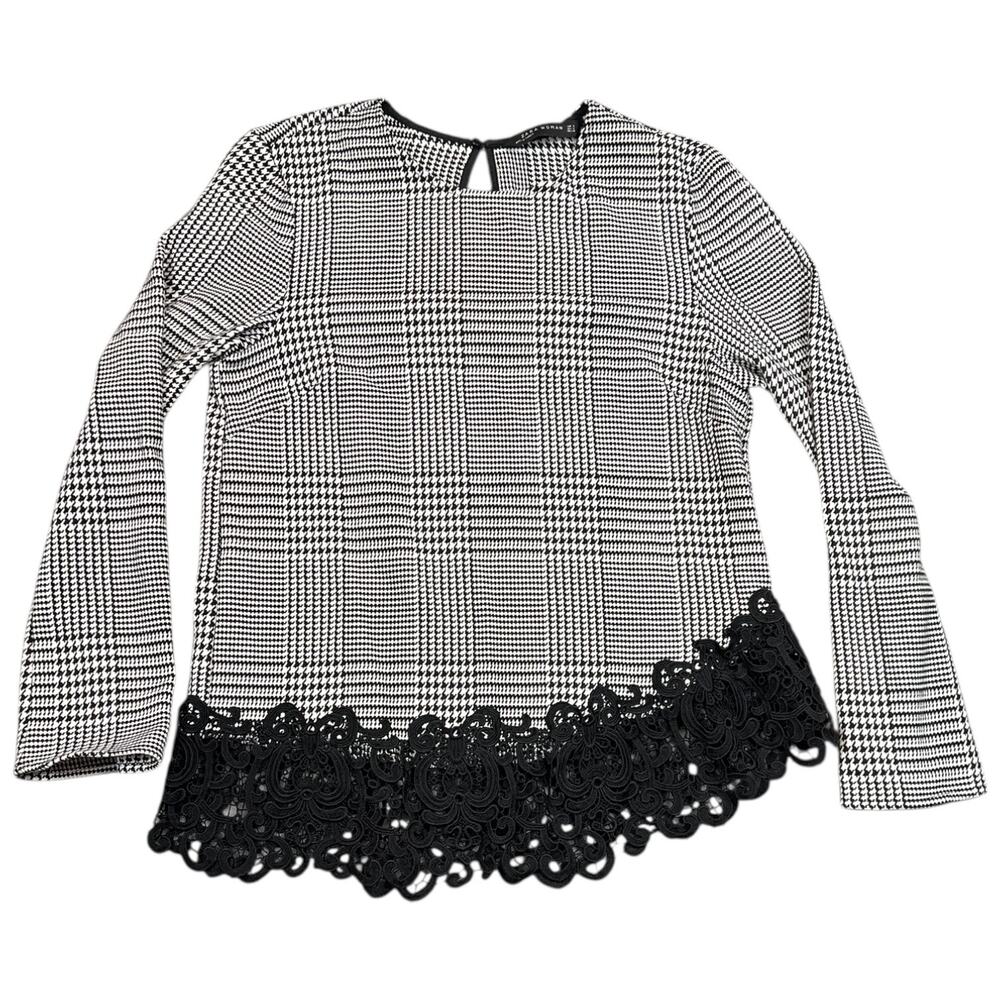 Zara Houndstooth Top Black Lace Hem Long Sleeve Blouse Size S